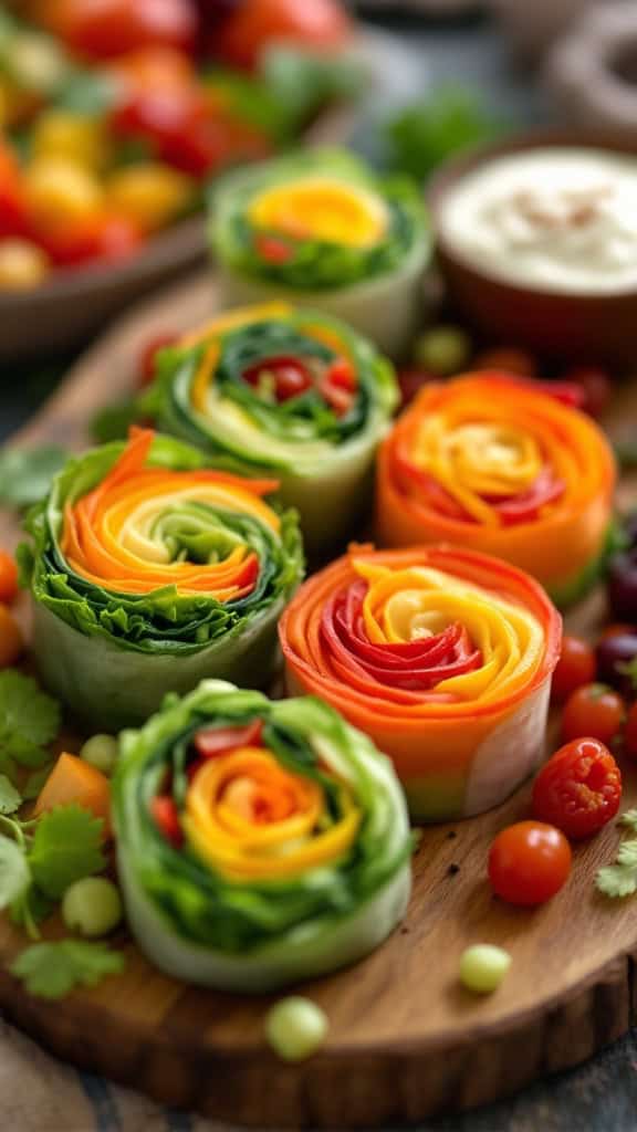 Colorful vegetable rolls arranged in a decorative manner on a wooden platter