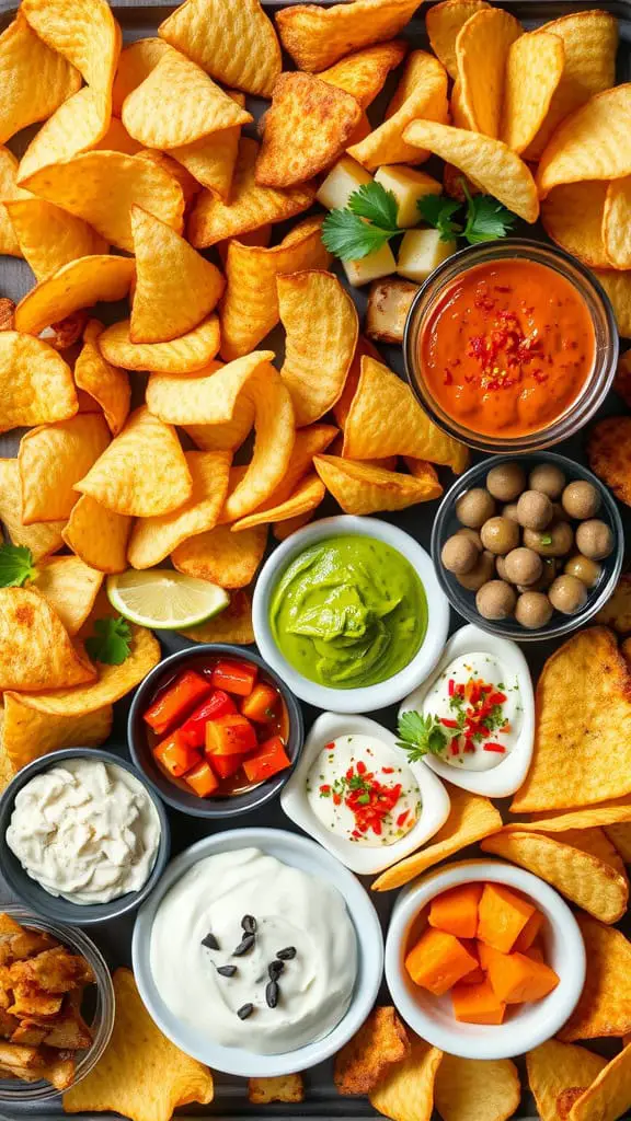 A vibrant and colorful Crisp & Dip Board featuring a variety of crispy potato chips with multiple dips and toppings