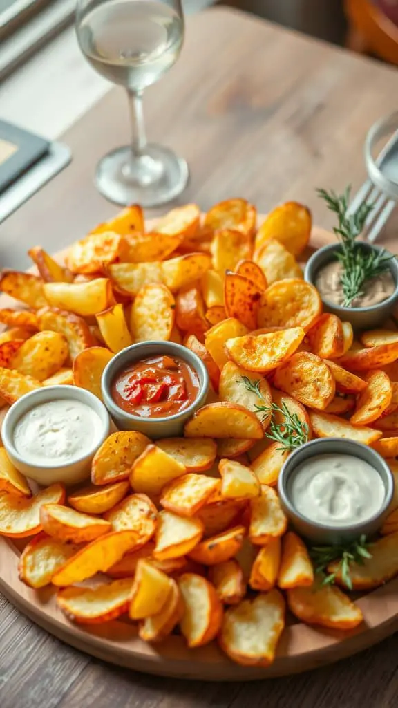 A wooden platter filled with crispy potato slices accompanied by various dips and a glass of white wine