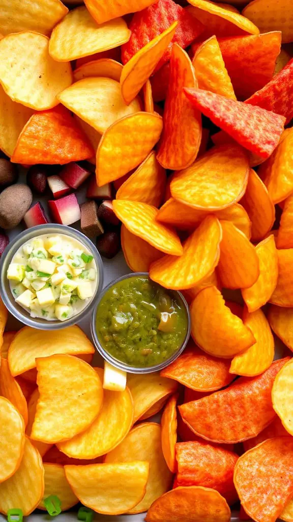 A colorful display of potato chips with dips on a tray