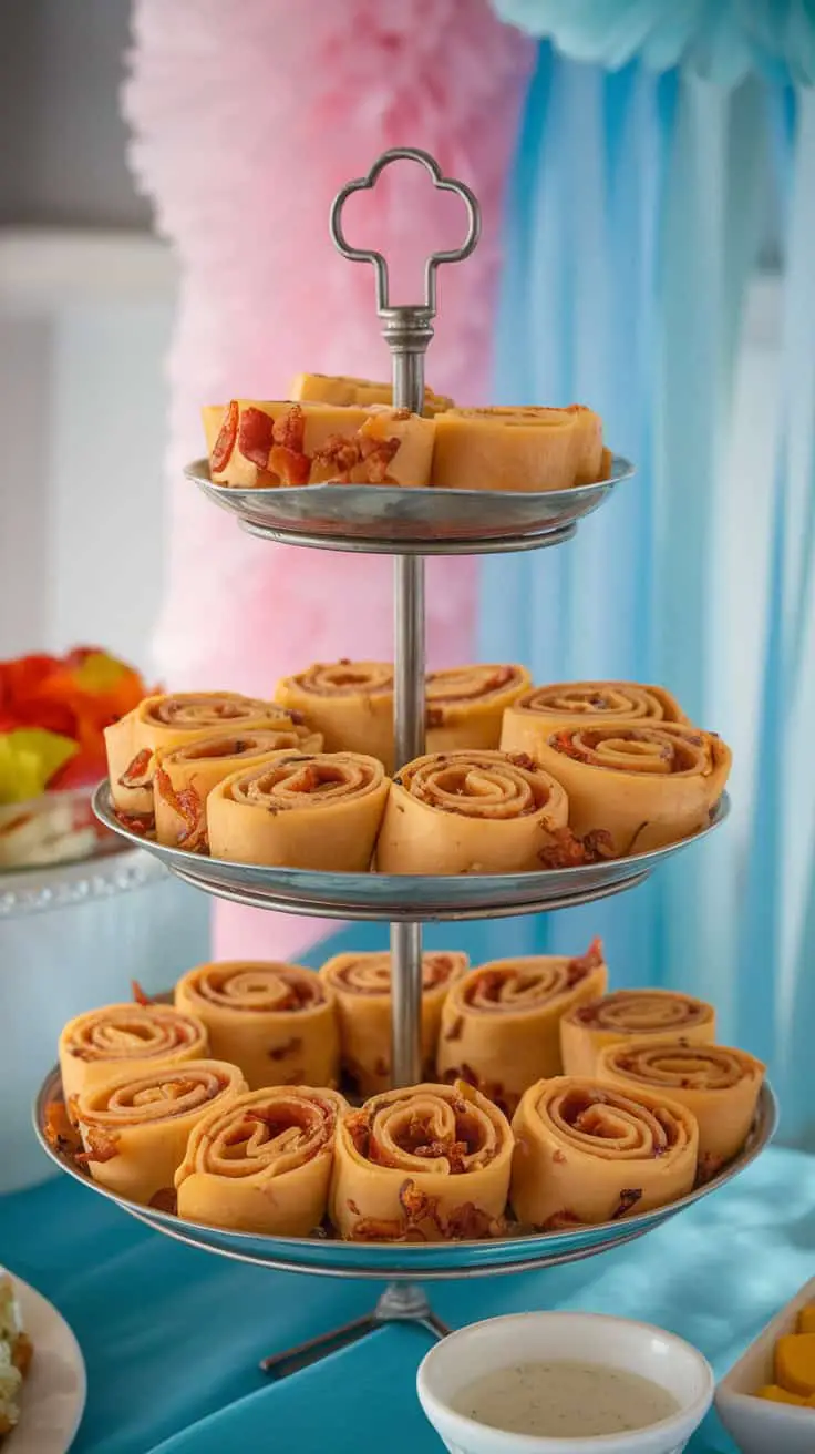 A tiered platter of crispy bacon cheddar ranch pinwheels, beautifully arranged with a dipping sauce on the side.