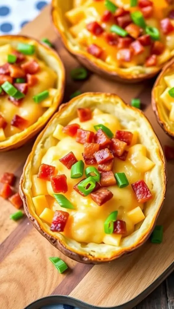 Crispy baked potato skins topped with cheese, bacon, and green onions.