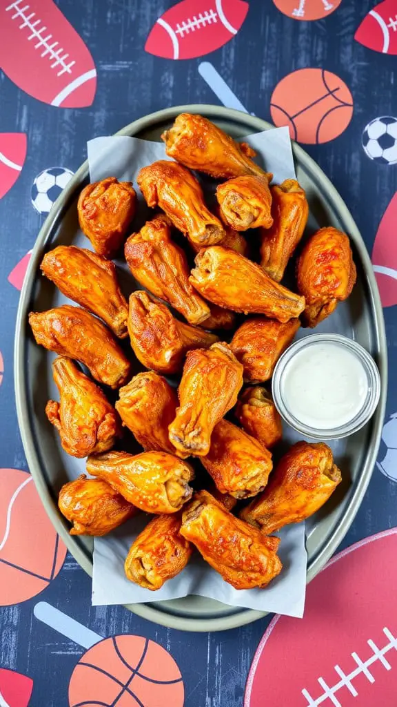 A platter of crispy chicken wing drumettes with a side of dipping sauce, set against a sports-themed background.