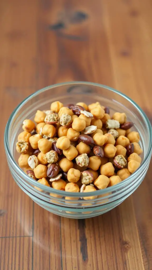 A bowl of crispy chickpea snack mix with various nuts on a wooden table.