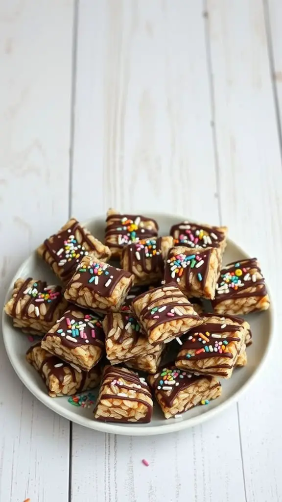 A plate filled with crispy chocolate-covered rice treats, decorated with colorful sprinkles.