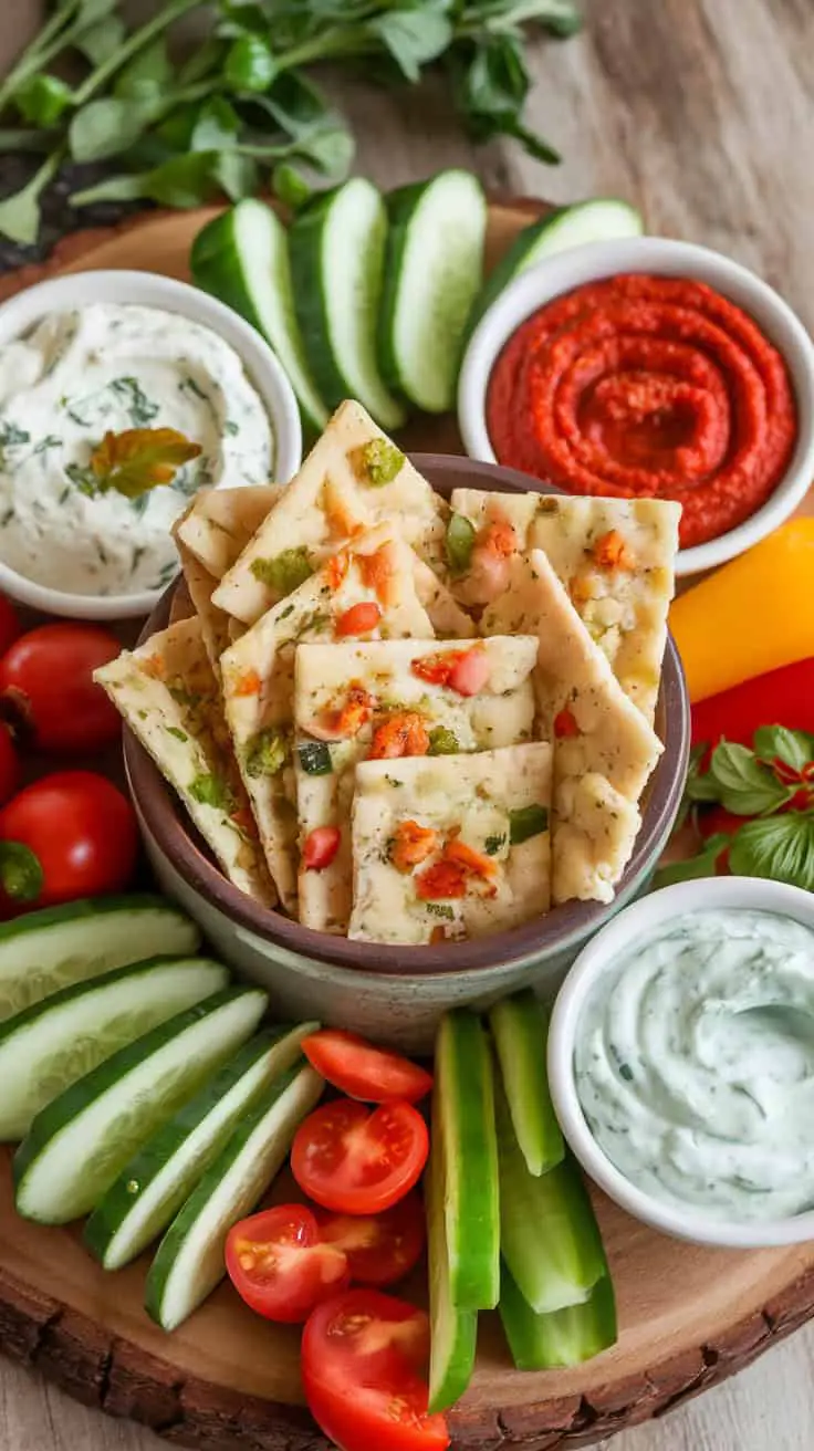 A bowl of crispy cottage cheese keto flatbread crackers surrounded by fresh vegetables and dips on a wooden platter.