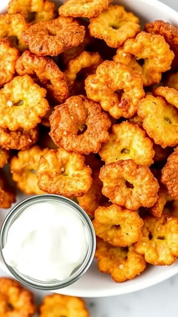 A bowl of crispy fried pickle chips with a small dish of ranch dressing