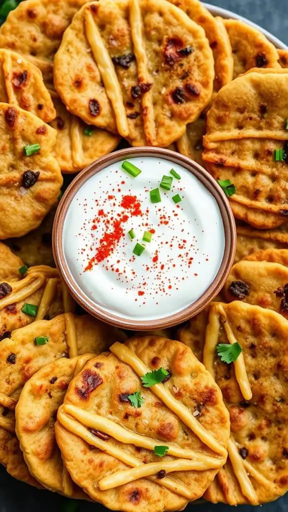 A platter of crispy lentil flatbreads with a bowl of spiced yogurt dip.