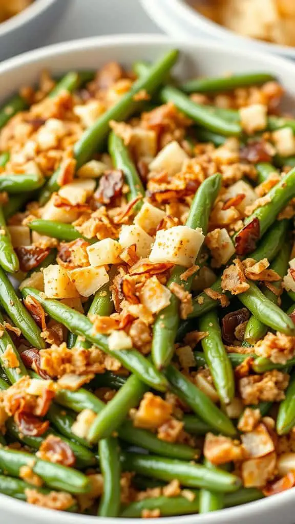 A bowl of crispy onion green bean bake with green beans, diced potatoes, and crispy onion topping.