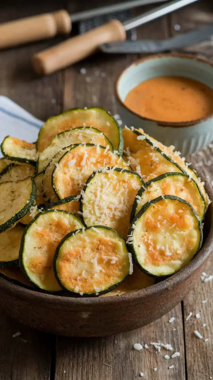 Bowl of crispy zucchini chips topped with Parmesan cheese, alongside a small bowl of dipping sauce.