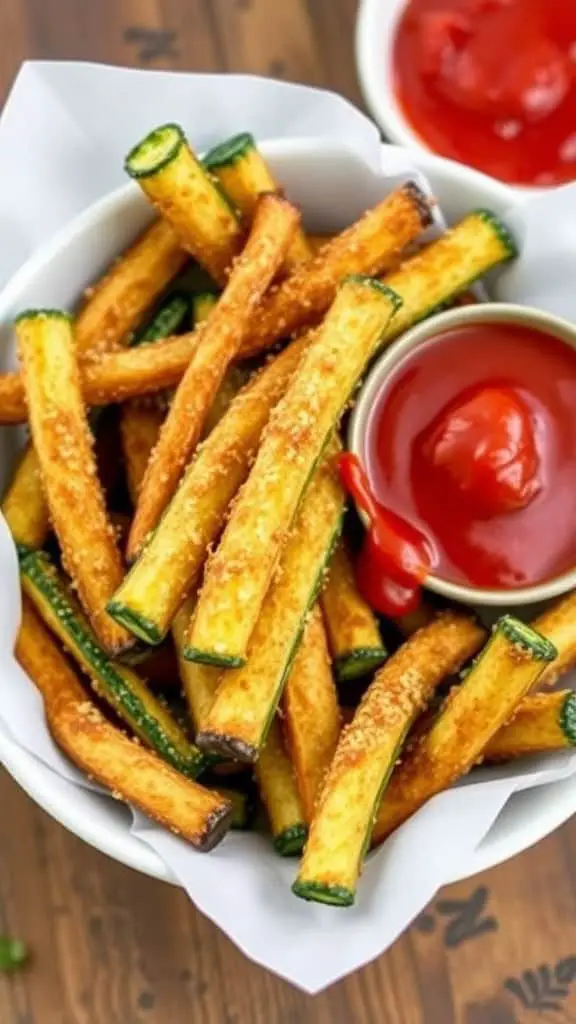 A bowl filled with crispy zucchini fries served with ketchup