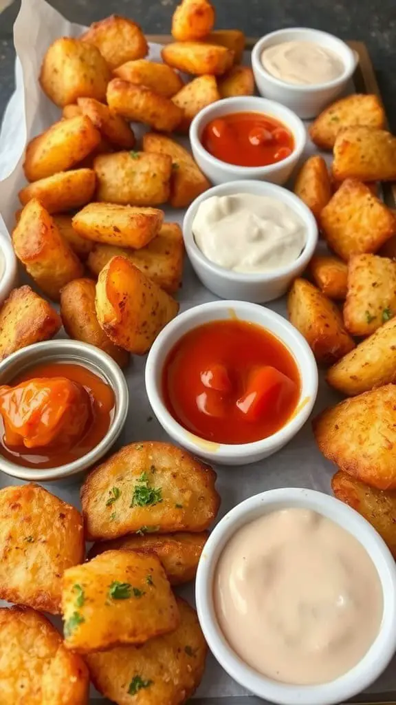 A close-up of crispy potato bites served with various dips on a platter.