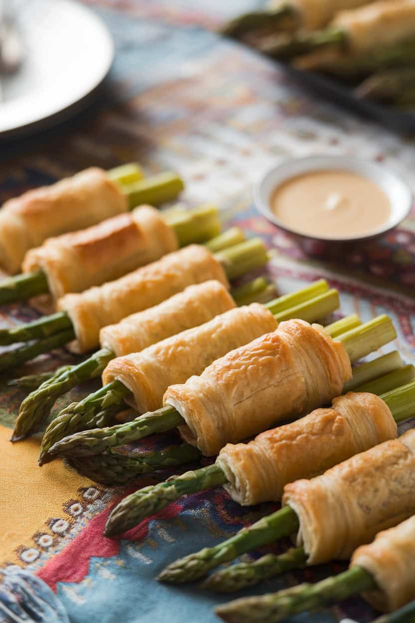 Crispy puff pastry wrapped asparagus spears arranged on a colorful tablecloth with a small bowl of dipping sauce