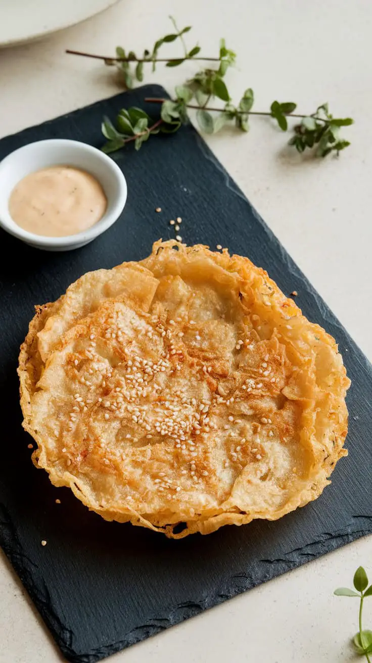 Crispy rice flour flatbread served with a dipping sauce on a black slate plate