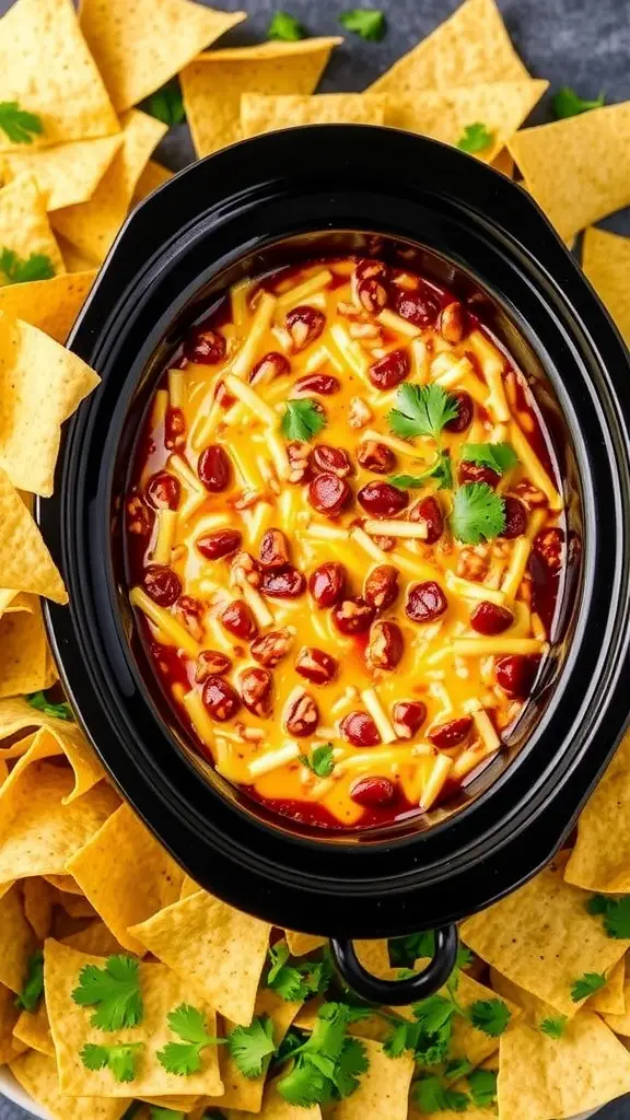 A crockpot filled with chili cheese dip, surrounded by tortilla chips and fresh cilantro.