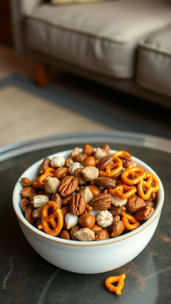 A bowl of spicy trail mix containing nuts, pretzels, and candies.