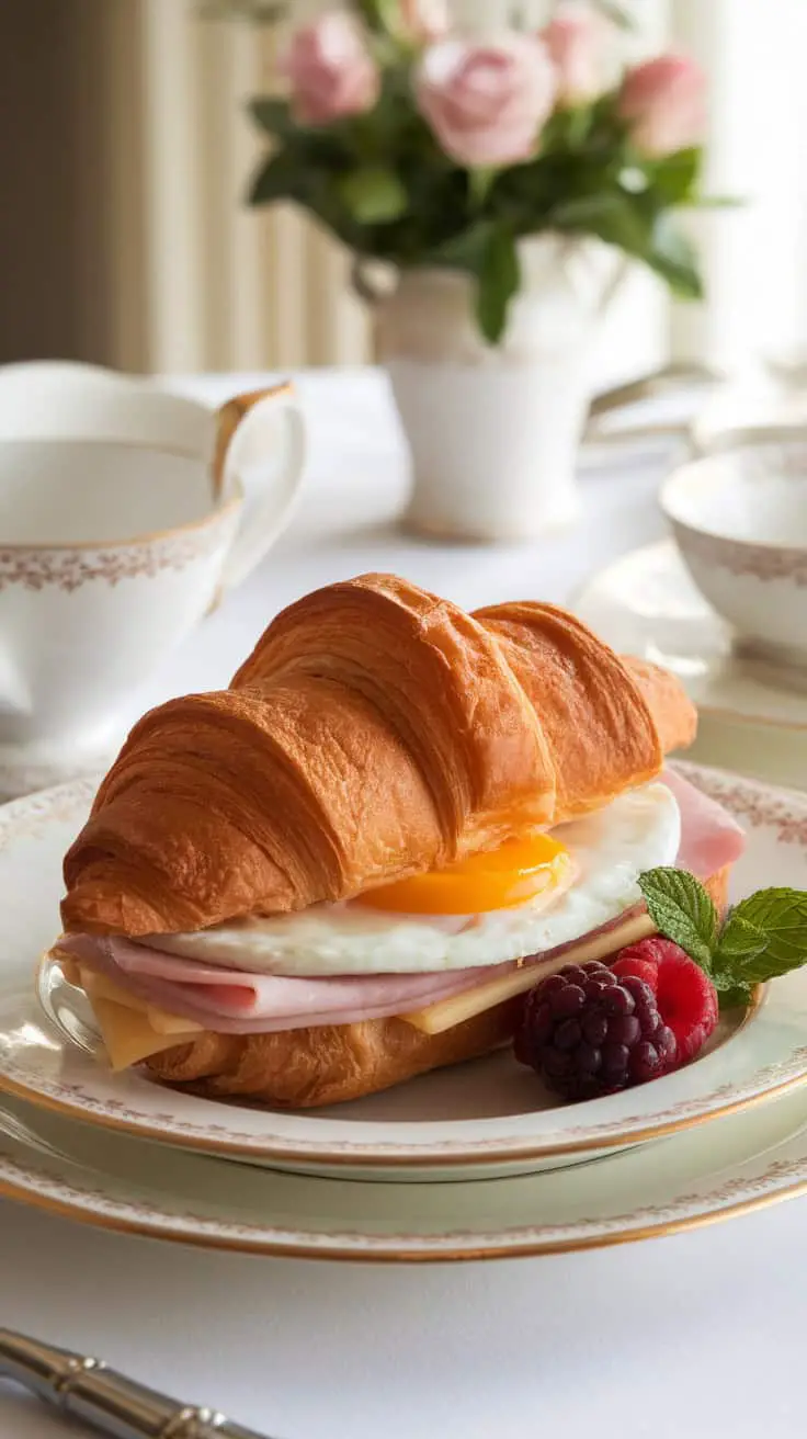 Croissant egg sandwich with ham, cheese, and egg served with fresh berries and mint