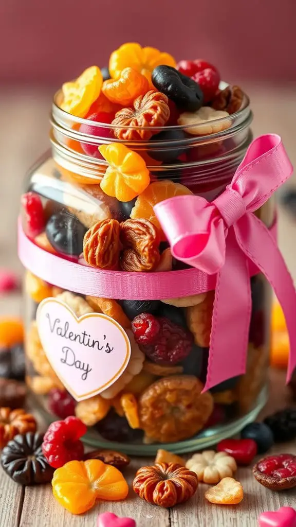 A jar filled with a colorful mix of dried fruits and snacks, tied with a pink ribbon and labeled 'Valentine's Day.'