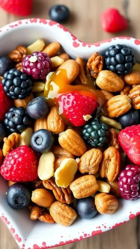 A heart-shaped bowl filled with a colorful mix of nuts and fresh berries