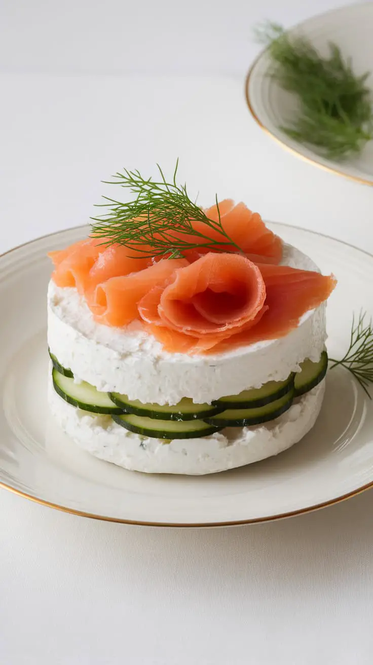 A layered dish of cucumber and smoked salmon garnished with dill on a white plate.