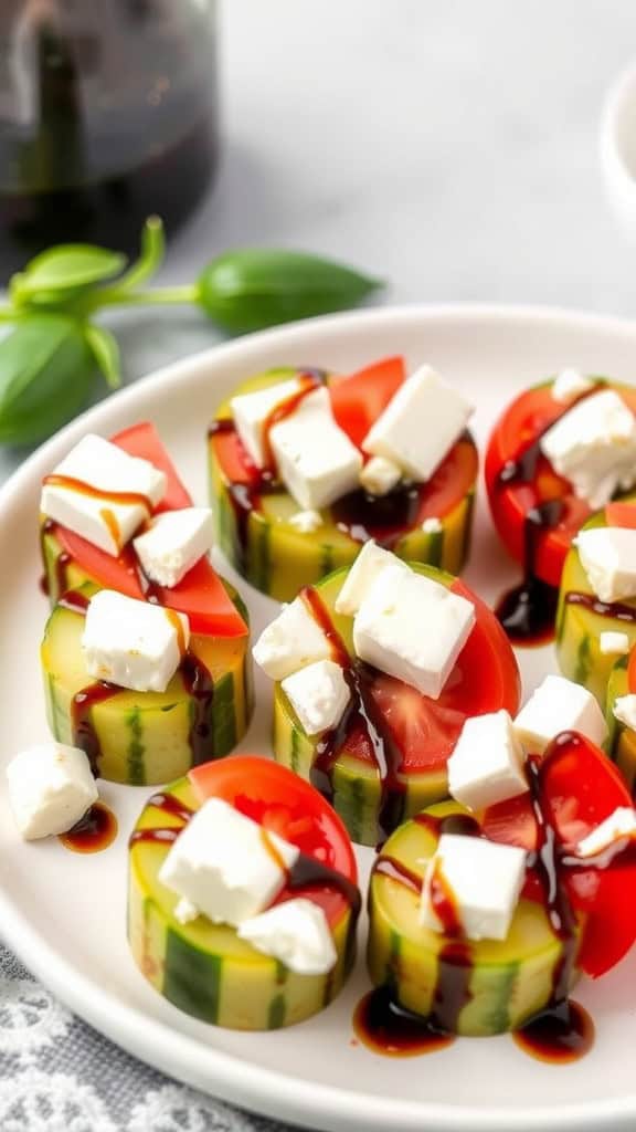 Cucumber and tomato salad bites arranged on a plate, topped with feta and balsamic drizzle