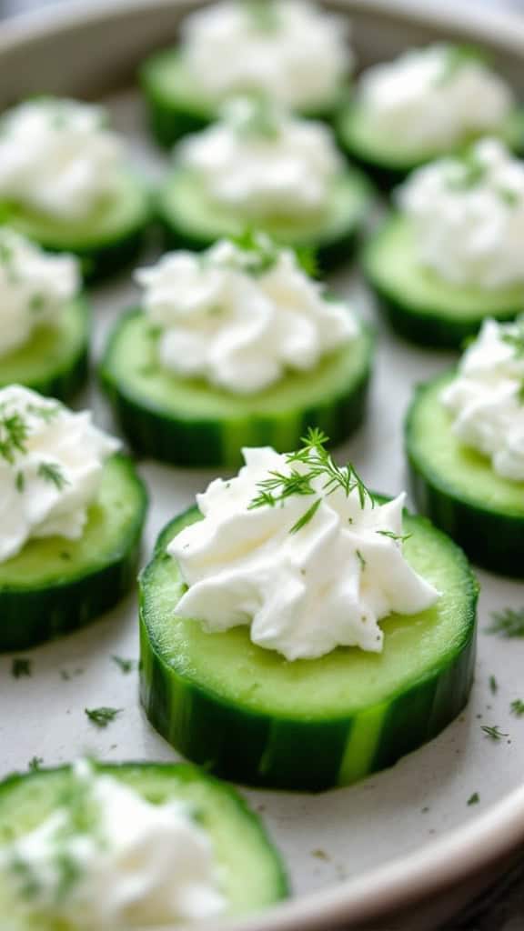 Fresh cucumber slices topped with cream cheese and a sprinkle of dill