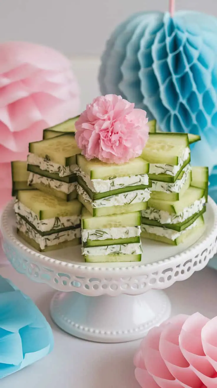 A plate of cucumber sandwich bites with a pink flower on top, surrounded by decorative paper puffs.