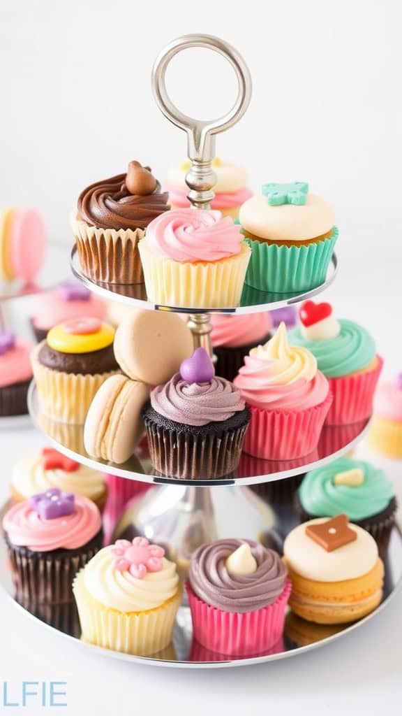 A tiered tray filled with an assortment of colorful cupcakes and macarons.