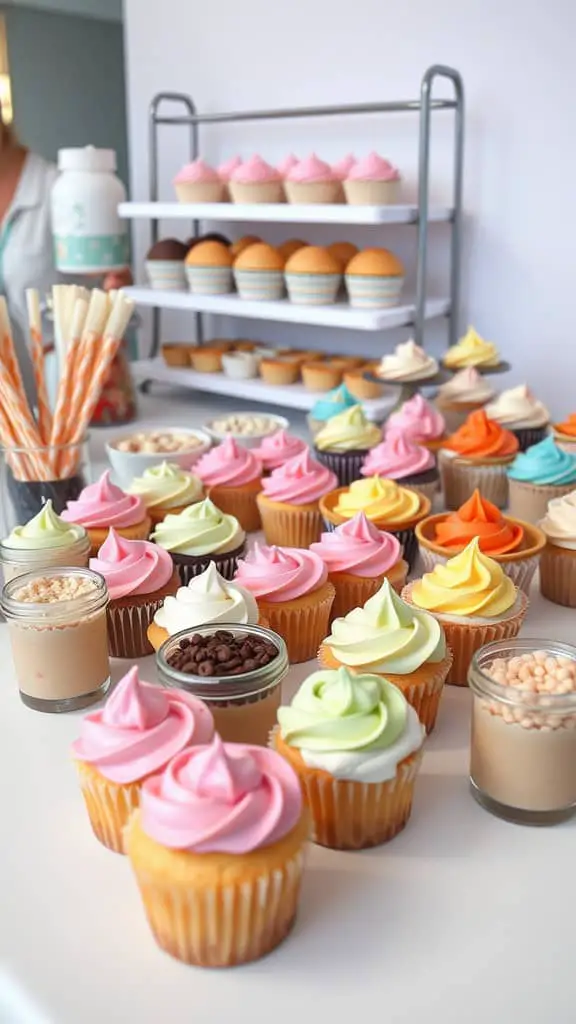 A colorful cupcake decorating bar with various cupcakes and toppings.