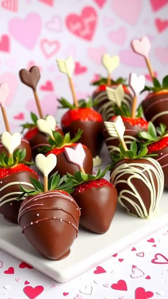 Chocolate-dipped strawberries decorated with heart-shaped toppers on a plate