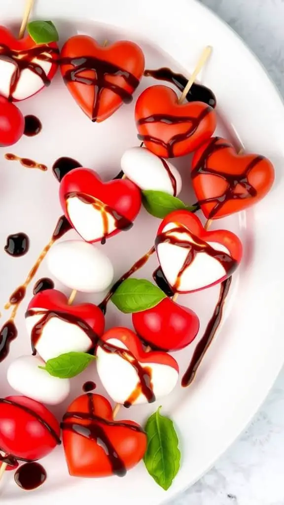 A plate of heart-shaped Caprese skewers made with cherry tomatoes and mozzarella drizzled with balsamic glaze.