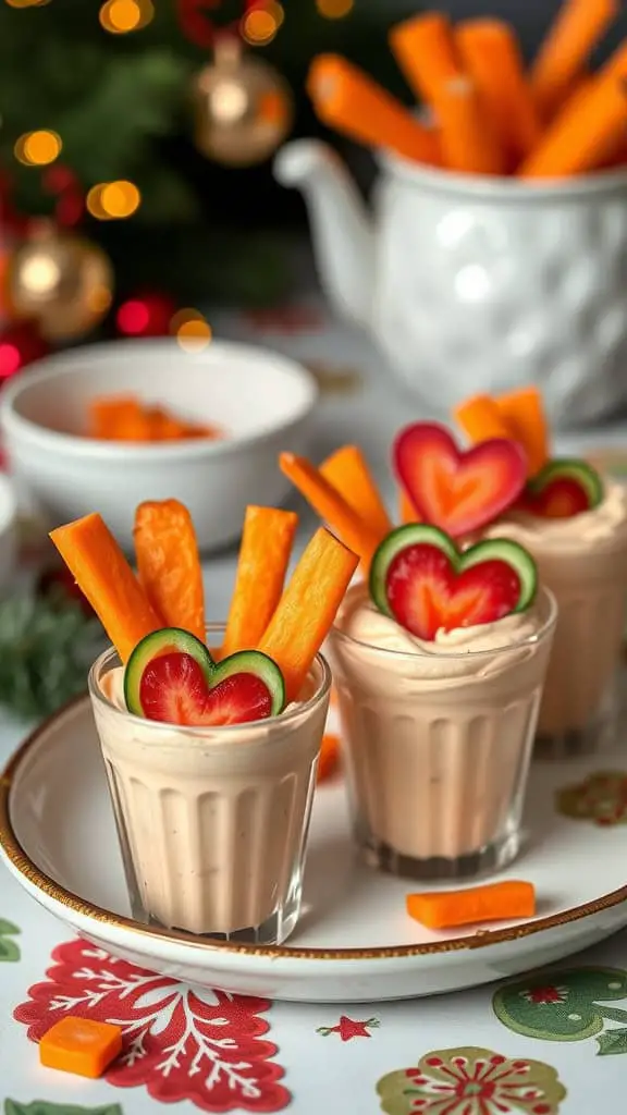 Carrot and hummus cups decorated with heart-shaped cucumber and tomato slices.