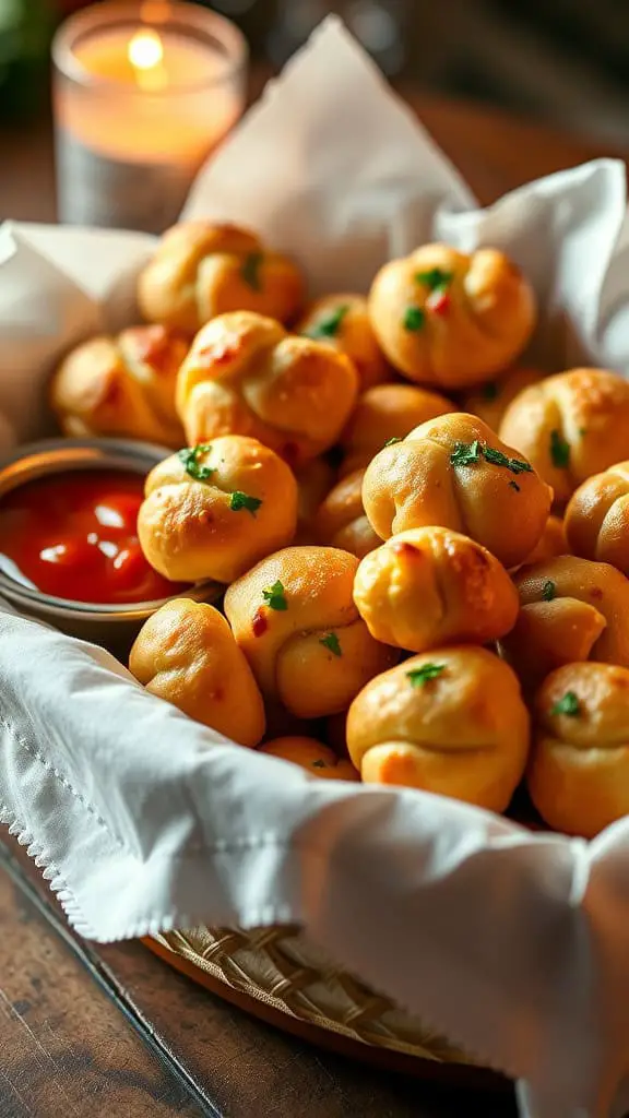 A basket filled with cheesy garlic knots served with marinara sauce