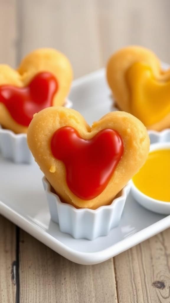 Heart-shaped corn dog bites topped with ketchup and mustard, served on a white plate