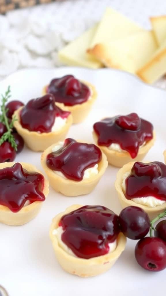 A plate of cranberry brie bites topped with glossy cranberry sauce, surrounded by fresh cranberries.