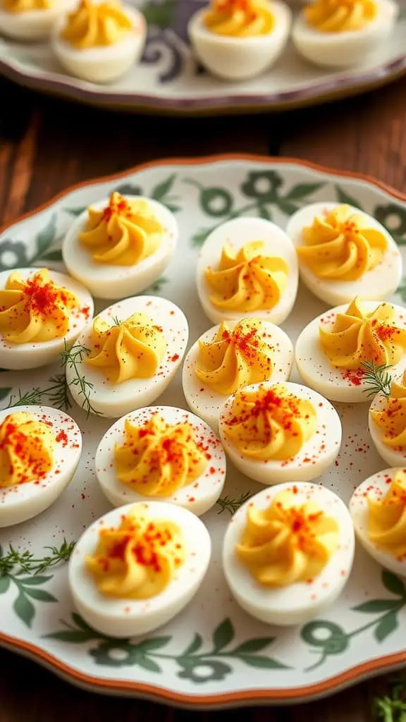 A beautiful platter of deviled eggs with vibrant yellow filling and paprika on top