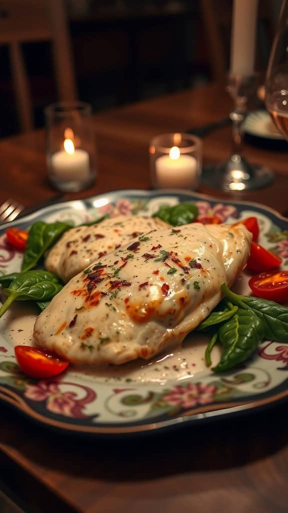 A plate of creamy Tuscan chicken with spinach and tomatoes, set on a romantic table with candles.