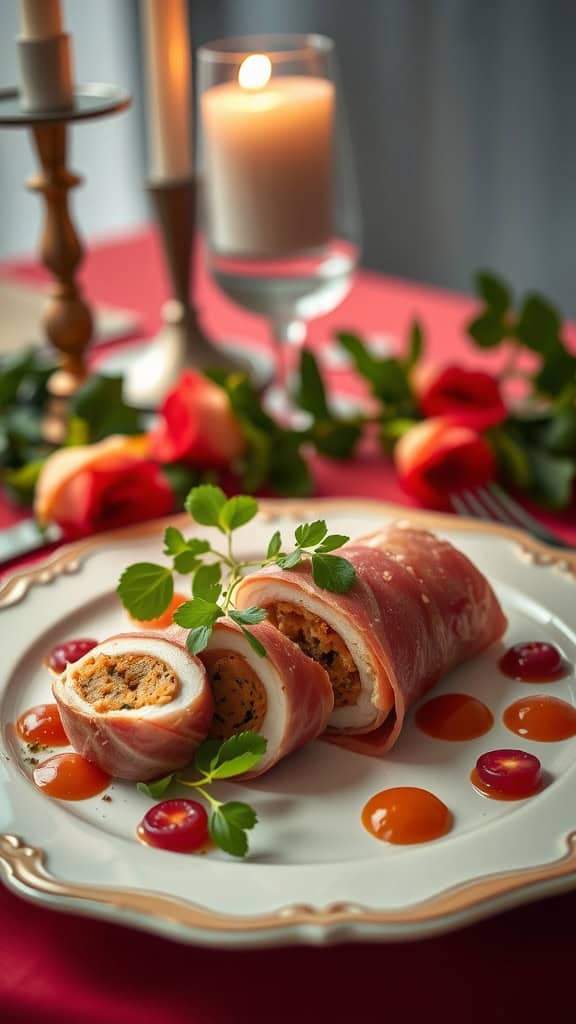 Prosciutto-wrapped stuffed chicken breast served elegantly with sauces and decorative elements on a romantic table setting.