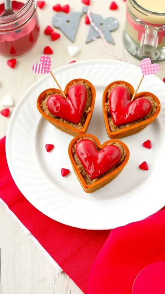 Three heart-shaped mini meatloaf bites on a white plate, decorated with red and pink heart toppings, surrounded by heart-shaped decorations and a festive setting.