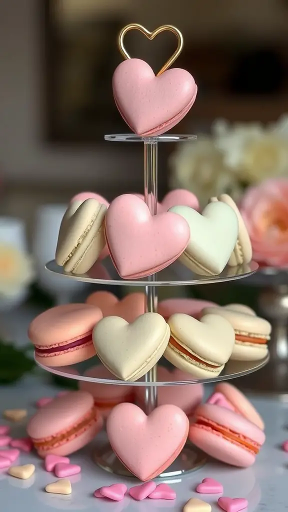 A tiered stand displaying heart-shaped macarons in pink and cream colors with small heart-shaped candies scattered around.