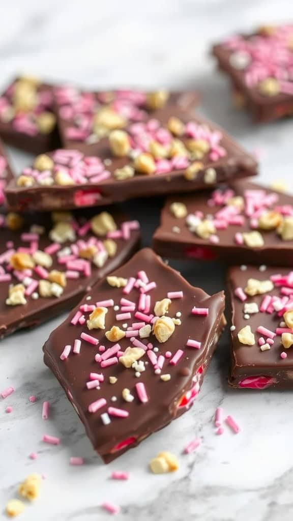 Chocolate-covered strawberry bark with pink sprinkles and nuts