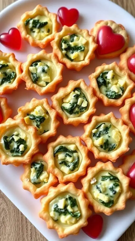 A platter of savory pastry bites filled with cheese and spinach, surrounded by red heart-shaped decorations.