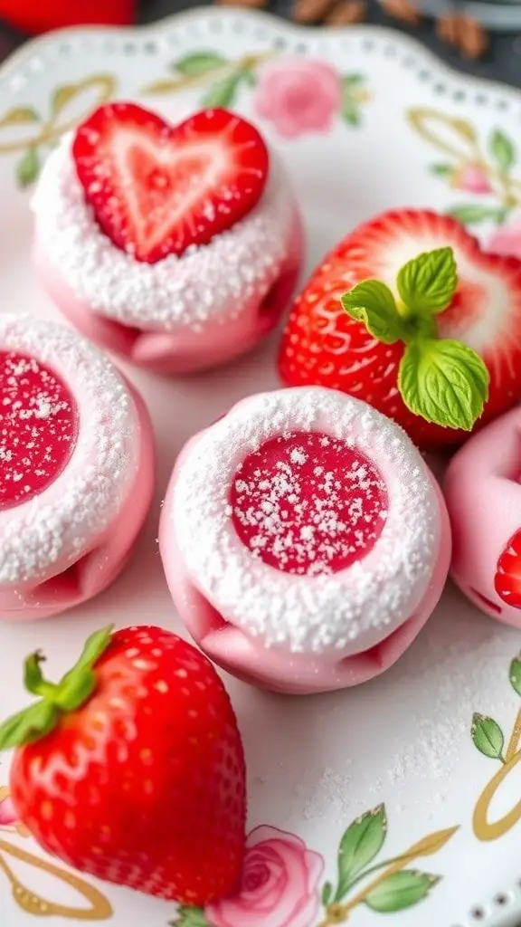 Cupid's Strawberry Bliss Bites on a floral plate with fresh strawberries