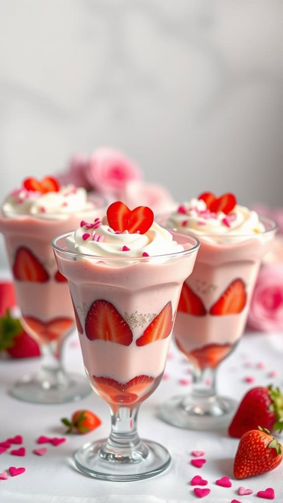 Three strawberry mousse parfaits with whipped cream and heart-shaped decorations