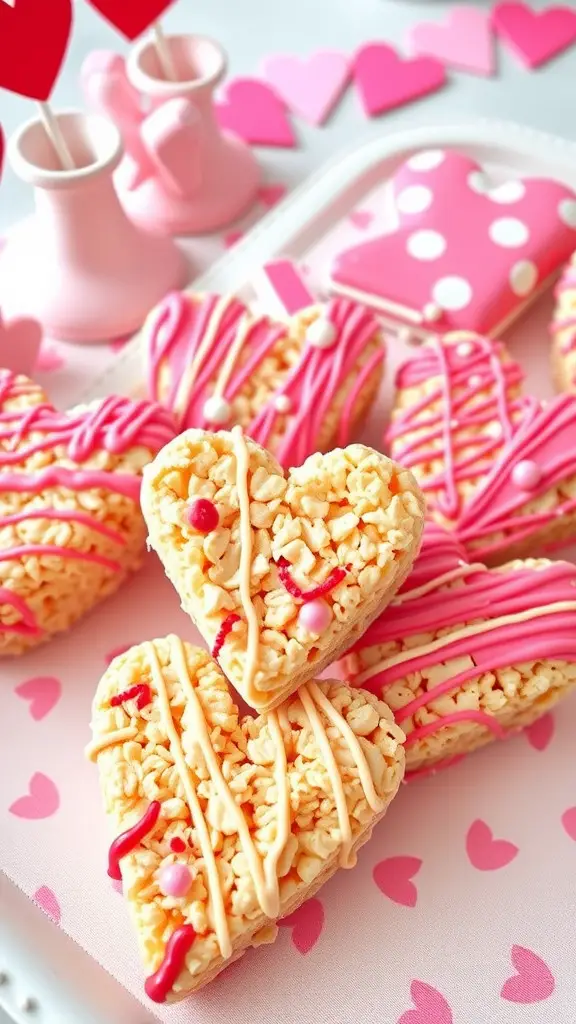 Decorative heart-shaped Rice Krispies treats with pink and red candy melt designs.