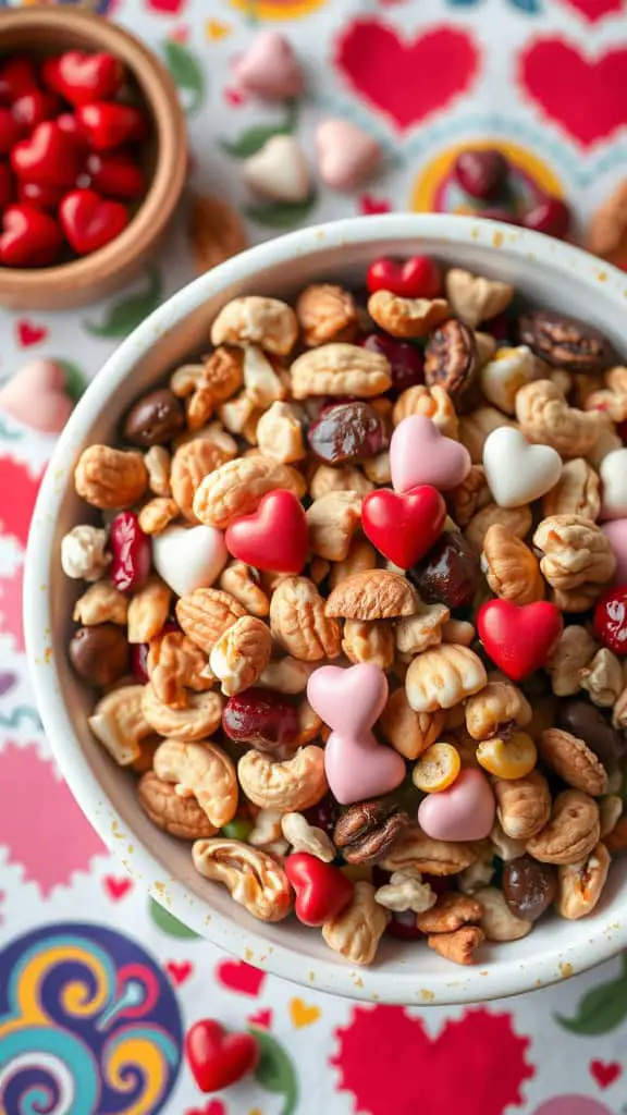 A bowl of Cupid's Trail Mix with nuts, popcorn, and heart-shaped candies on a colorful background.