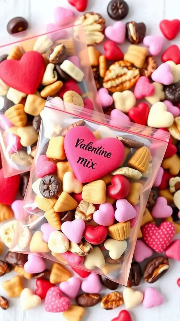 Colorful Valentine’s Day snack packs filled with heart-shaped treats and nuts