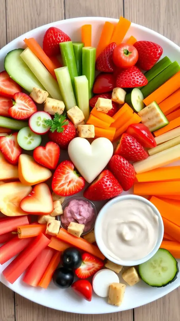 Colorful veggie and dip platter with heart-shaped cheese and fresh fruits for Valentine's Day