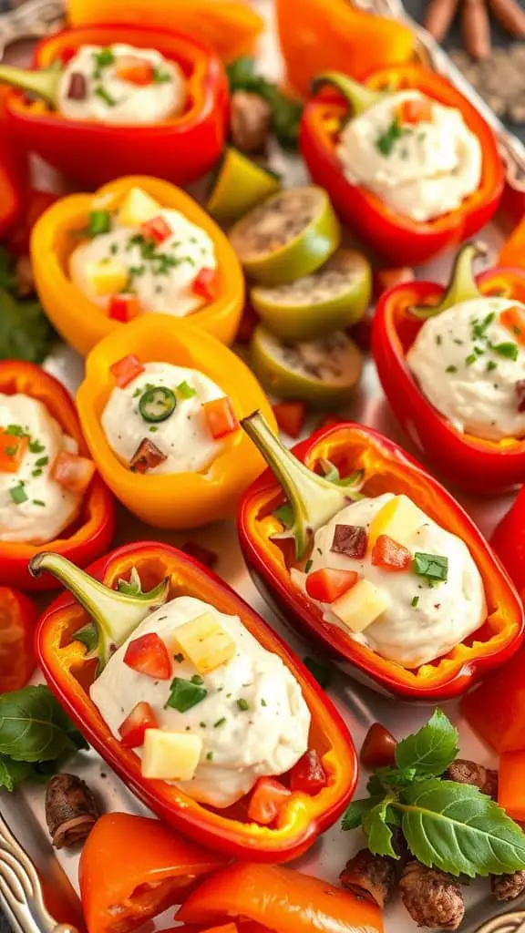 Colorful bell pepper halves filled with creamy mixture and diced vegetables, arranged on a tray.