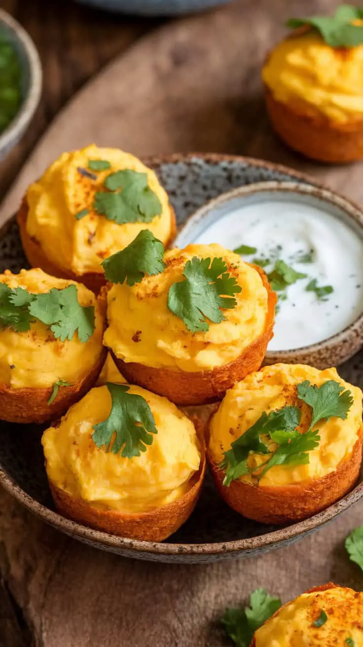 A plate of curry-spiced veggie muffin tin egg white bites topped with cilantro and served with a yogurt dip.